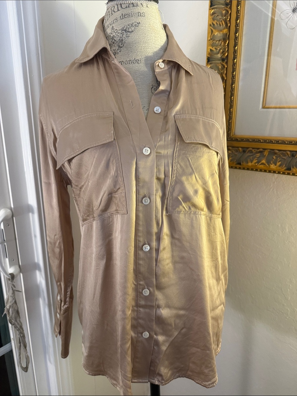 Frame Silk Button Down Shirt in Taupe Size XXS